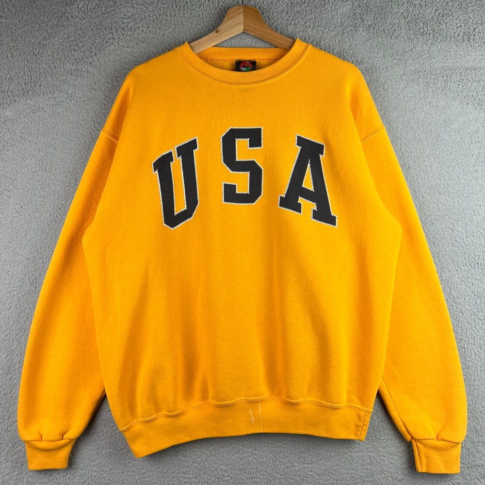 Vintage PM Sports USA Sweatshirt Mens Large Yellow Crewneck Made in USA Logo